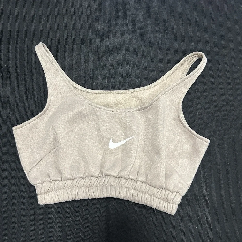 Nike Fleece Crop Top Sports Bra Women's Small Beige Center Swoosh